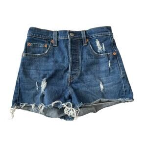 Levis Womens Jean Shorts Size 25 Blue Button Fly Distressed Ribcage Denim Shorts